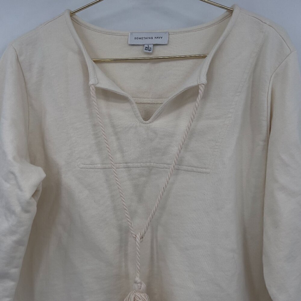Something Navy Tassel Tie Sweatshirt Split Neck Beige Cotton Women's L - Picture 3 of 8